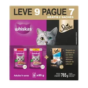 Ração Úmida Whiskas Sachê Gatos Adultos Carne, Frango e Atum - Leve 9 Pague 7