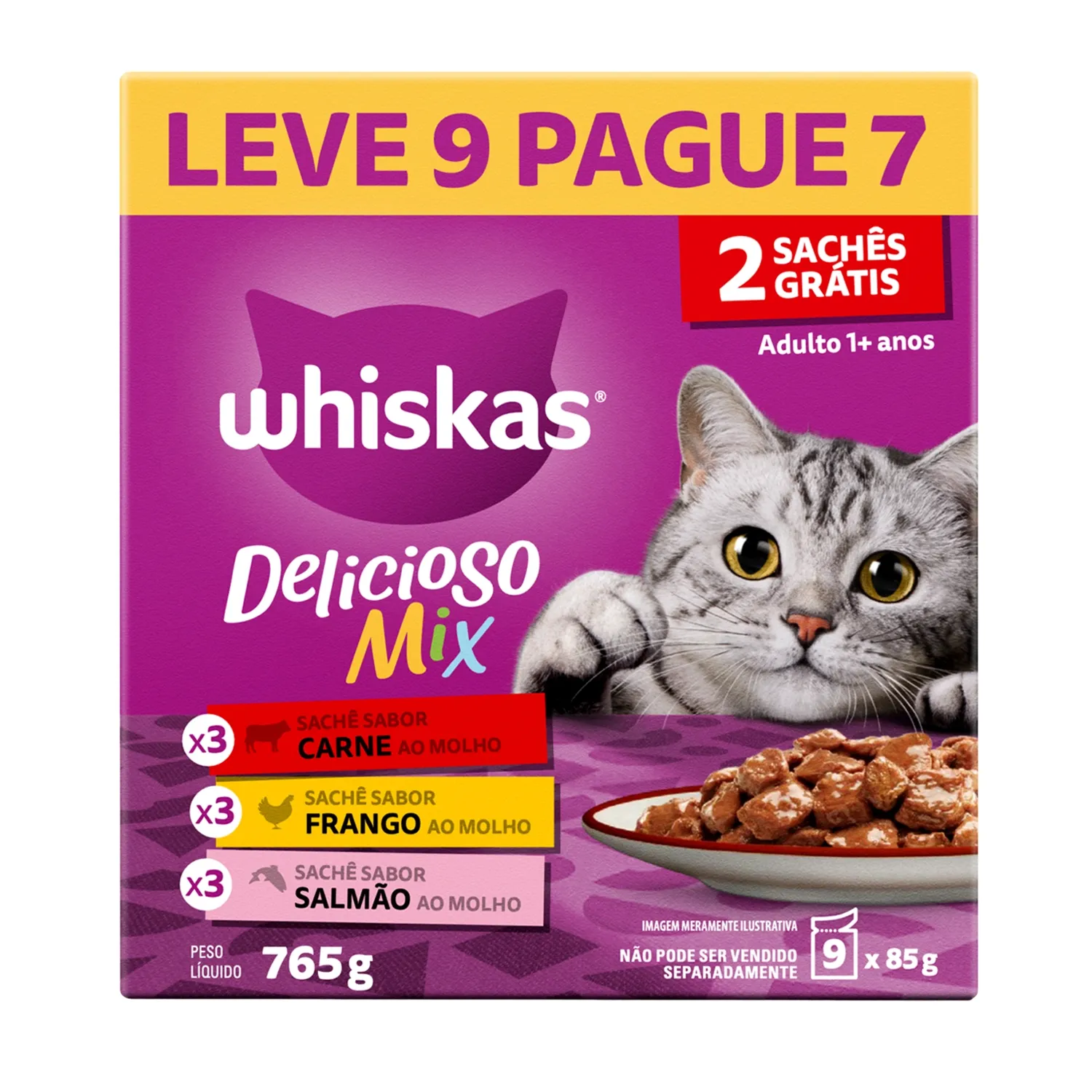Ração Úmida Whiskas Sachê Gatos Adultos Carne, Frango e Salmão