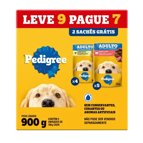 Ração Úmida Pedigree Sachê Cães Adultos Carne e Frango Leve 9 Pague 7