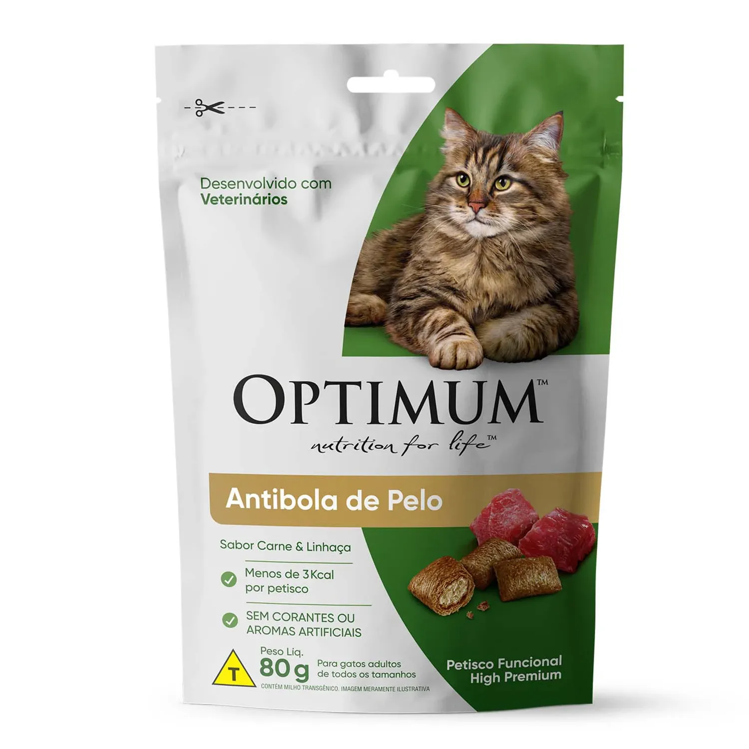 Petisco Optimum Gatos Adultos Anti Bola de Pelo Carne e Linhaça