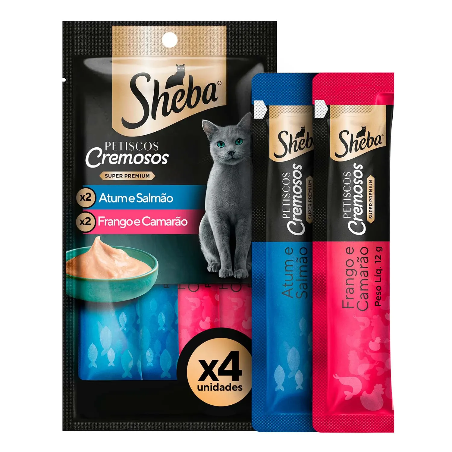 Petisco Cremoso Sheba para Gatos Adultos Salmão com Frango e Atum com Camarão