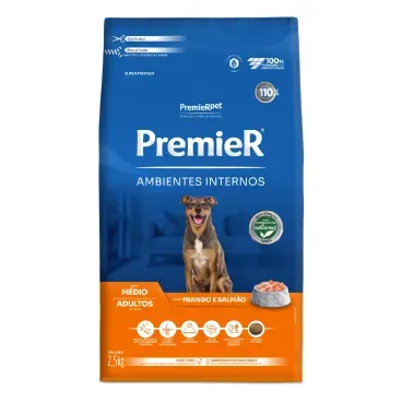 Racao-Premier-Ambientes-Internos-Caes-Adultos-Porte-Medio-Frango-e-Salmao-2.5kg-Frente