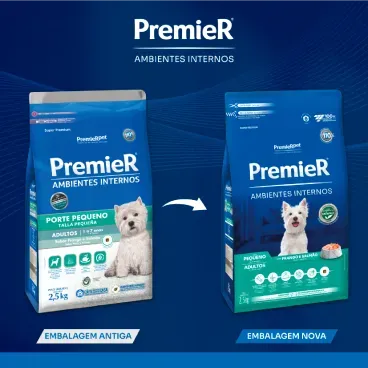 Nova-embalagem-Racao-Premier-Ambientes-Internos-Caes-Adultos-Racas-Pequenas-Frango-e-Salmao