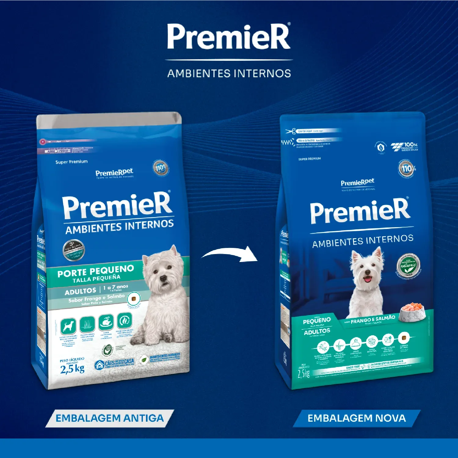 Nova-embalagem-Racao-Premier-Ambientes-Internos-Caes-Adultos-Racas-Pequenas-Frango-e-Salmao
