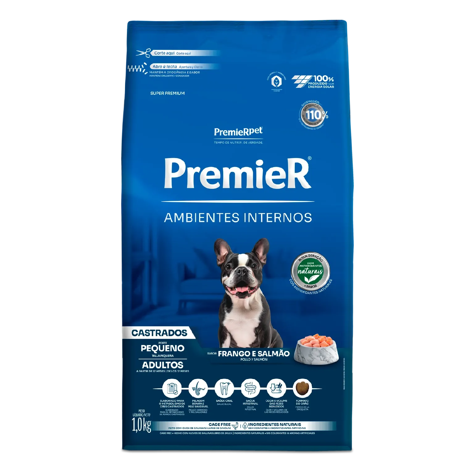 Ração Premier Ambientes Internos Cães Castrados Adultos Frango e Salmão