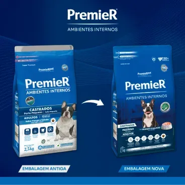 Nova-embalagem-Racao-Premier-Ambientes-Internos-Caes-Castrados-Adultos-Frango-e-Salmao