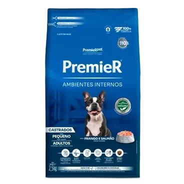 Racao-Premier-Ambientes-Internos-Caes-Castrados-Adultos-Frango-e-Salmao-2.5kg-frente