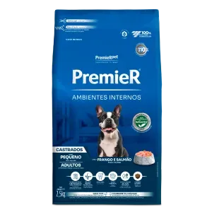 Ração Premier Ambientes Internos Cães Castrados Adultos Frango e Salmão