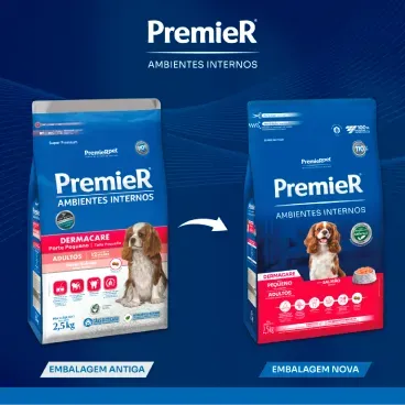 Nova-embalagem-Racao-Premier-Ambientes-Internos-Dermacare-Caes-Adultos-Racas-Pequenas