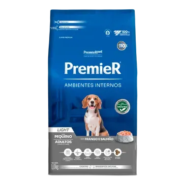 Racao-Premier-Ambientes-Internos-Light-Caes-Adultos-Frango-e-Salmao-1kg-frente