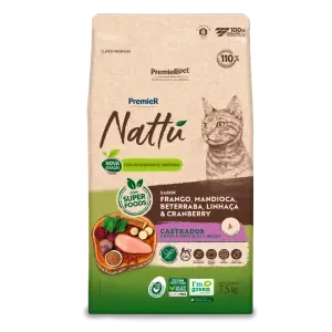 Ração Premier Nattu Gatos Adultos Castrados Mandioca