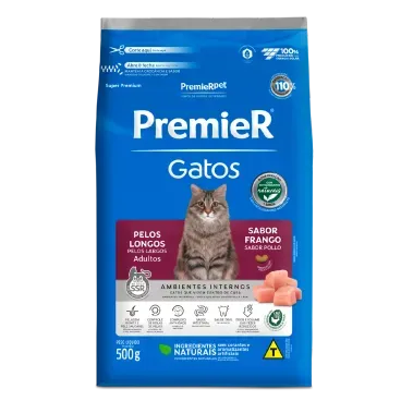 Racao-Premier-Ambientes-Internos-Gatos-Adultos-Pelos-Longos-Frango-0.5kg-frente