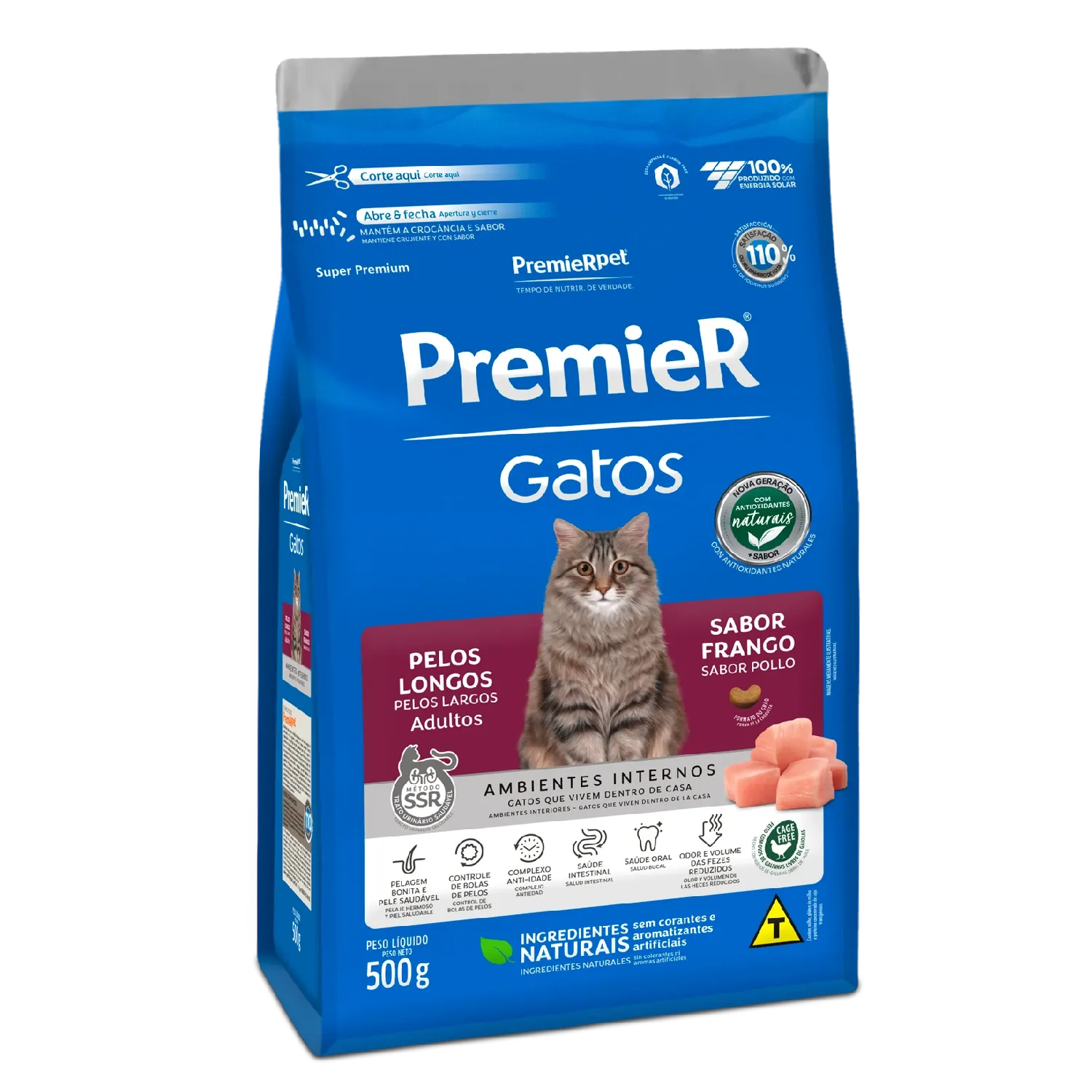Ração Premier Ambientes Internos Gatos Adultos Pelos Longos Frango
