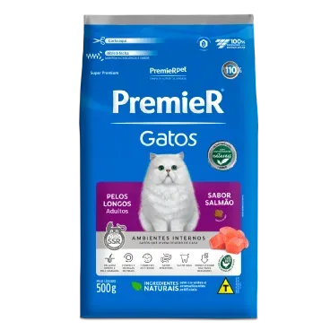 Racao-Premier-Ambientes-Internos-Gatos-Adultos-Pelos-Longos-Salmao-0.5kg-frente