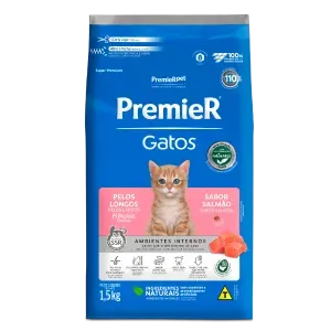 Ração Premier Ambientes Internos Gatos Filhotes Pelos Longos Salmão