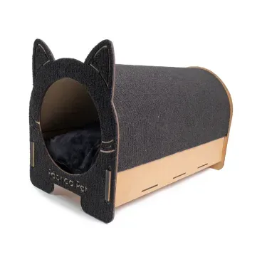 Arranhador-Cama-Iglu-Fabrica-Pet-Preto-de-lado-com-detalhe-nas-orelhinhas-da-casinha