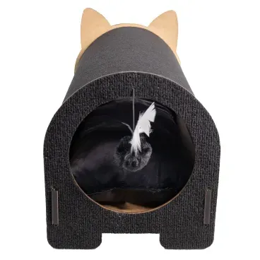 Arranhador-Cama-Iglu-Fabrica-Pet-Preto-fundo-da-casinha-com-detalhe-na-bolinha-pendurada