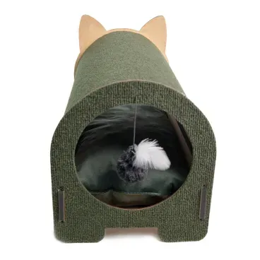 Arranhador-Cama-Iglu-Fabrica-Pet-Verde-fundo-com-bolinha-pendurada