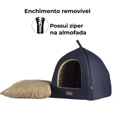 Cabana-Flat-Fabrica-Pet-Azul-Marinho-com-almofada-fora-da-cabana
