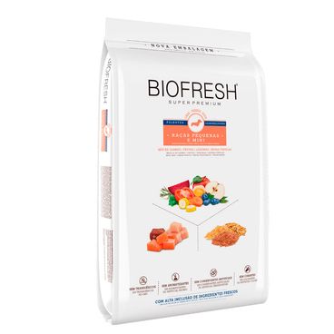 Racao-Biofresh-Caes-Filhotes-Racas-Pequenas-e-Minis-101Kg-foto-da-parte-da-frente-e-lateral-do-produto