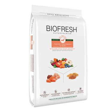 Racao-Biofresh-Caes-Adultos-Racas-Pequenas-e-Minis-15Kg-foto-da-parte-da-frente-e-lateral-do-produto