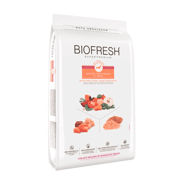 Racao-Biofresh-Light-Caes-Adultos-Racas-Pequenas-e-Minis-101Kg-foto-da-parte-da-frente-e-lateral-do-produto-