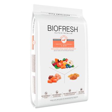 Racao-Biofresh-Caes-Castrados-Racas-Pequenas-e-Minis-101Kg-foto-da-parte-da-frente-e-lateral-do-produto
