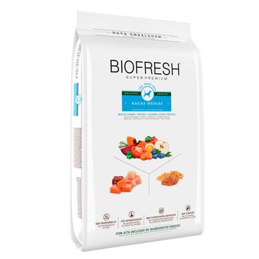 Racao-Biofresh-Caes-Adultos-Racas-Medias-3Kg-foto-da-parte-da-frente-e-lateral-do-produto