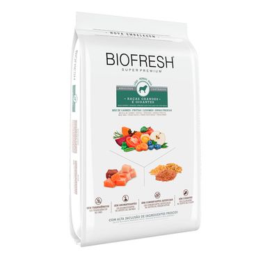 Racao-Biofresh-Caes-Castrados-Racas-Grandes-e-Gigantes-15Kg-foto-da-parte-da-frente-e-lateral-do-produto