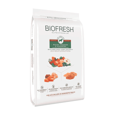 Racao-Biofresh-Caes-Senior-Racas-Grandes-e-Gigantes-15Kg-foto-da-parte-da-frente-e-lateral-do-produto