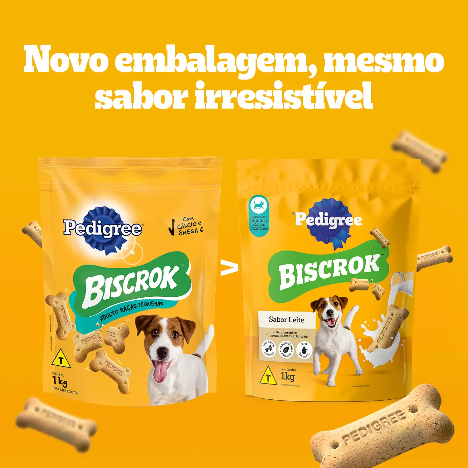 Biscoito-Pedigree-Biscrok-para-Caes-Adultos-Racas-Pequenas-Leite-1Kg-foto-da-embalagem-antiga-e-nova