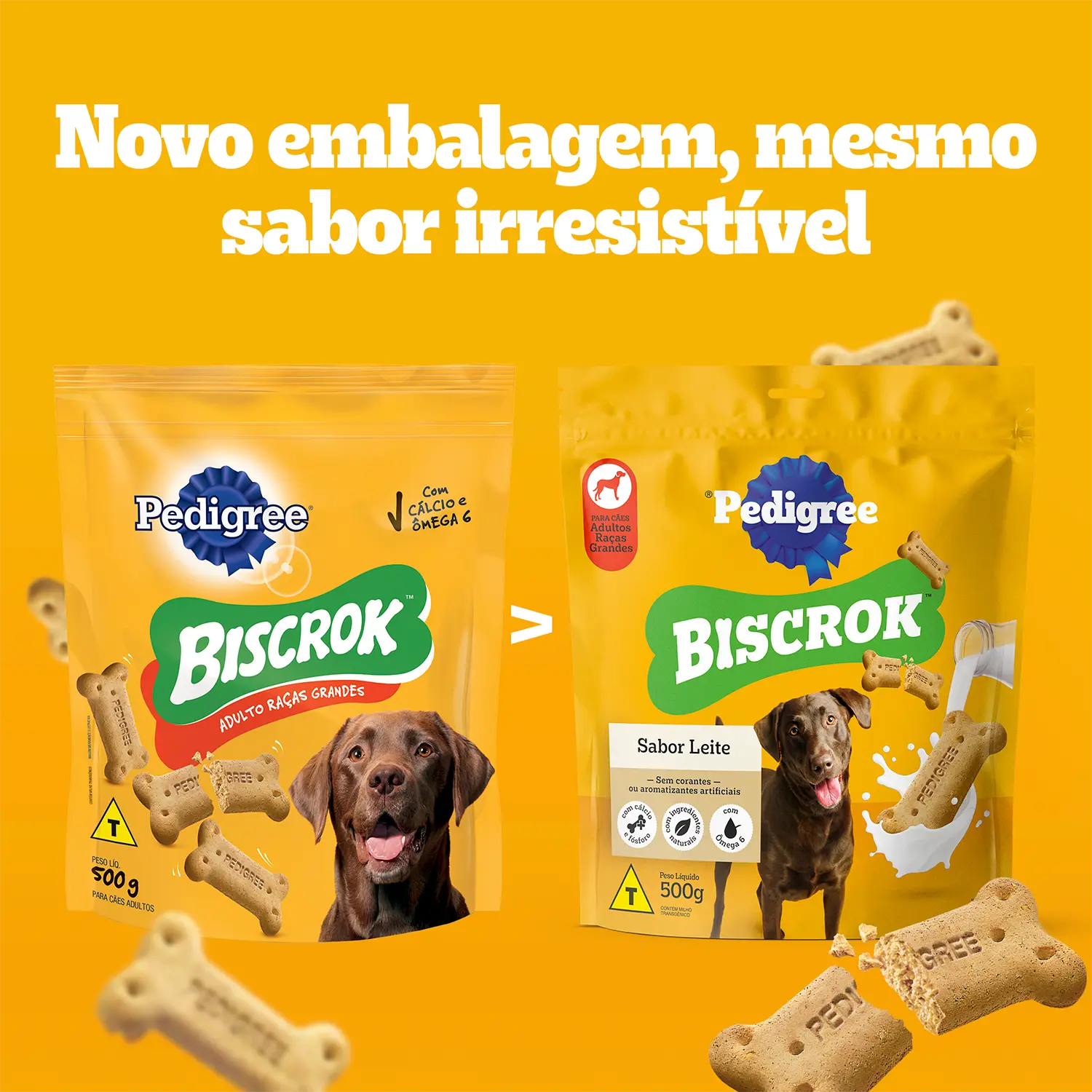 Biscoito-Pedigree-Biscrok-para-Caes-Adultos-Racas-Grandes-Leite-500g-foto-da-embalagem-antiga-e-nova