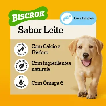 Biscoito-Pedigree-Biscrok-para-Caes-Filhotes-Leite-300g-foto-com-especificacoes-de-sabor-e-beneficios