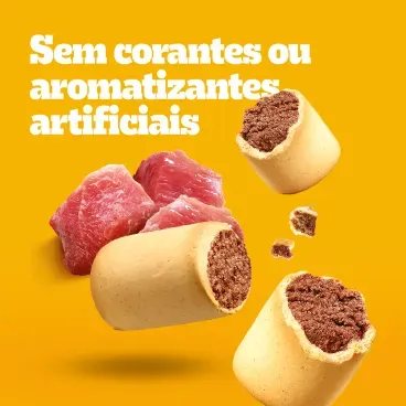 Biscoito-Pedigree-Marrobone-para-Caes-Adultos-Carne-200g-foto-do-biscoito-e-de-pedaco-de-carne