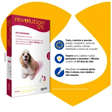 2-Antipulgas Revolution 12- para Caes de 10,1kg a 20kg 3 pipetas
