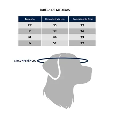 Gorro-Natal-Vermelho-Fabrica-Pet-tamanho-PP-foto-explicativa-de-tabela-com-as-medidas-para-cada-tamanho-de-cachorro