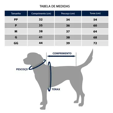 Blusa-Gola-Careca-Aranha-Fabrica-Pet-Azul-tamanho-G-foto-explicativa-de-tabela-com-as-medidas-para-cada-tamanho-de-cachorro