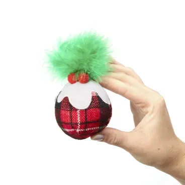 Mao-segurando-o-Brinquedo-Bola-de-Natal-com-Penas-Savana-Pet