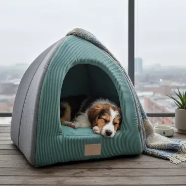 Pet-dormindo-na-Cabana-Home-para-Caes-e-Gatos-Fabrica-Pet-Verde