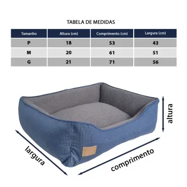 Tabela-de-medidas-dos-tamanhos-P-M-e-G-da-Cama-Home-para-Caes-e-Gatos-Fabrica-Pet-Azul