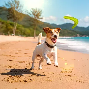 Pet-na-praia-com-o-Brinquedo-Mordedor-Boomerang-Stark-Pet-Verde