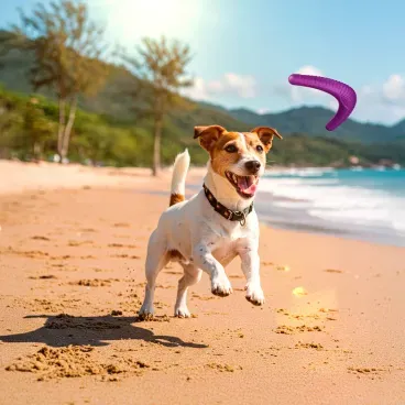 Pet-na-praia-com-Brinquedo-Mordedor-Boomerang-Stark-Pet-Roxo