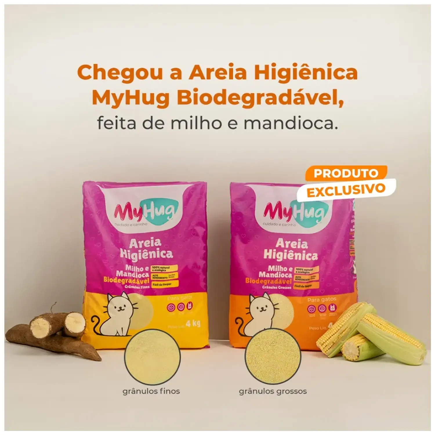 Areia-Higienica-MyHug-Milho-e-Mandioca-Granulos-Grossos-10-Kg-foto-dos-sacos-e-areia-e-informacoes-escritas