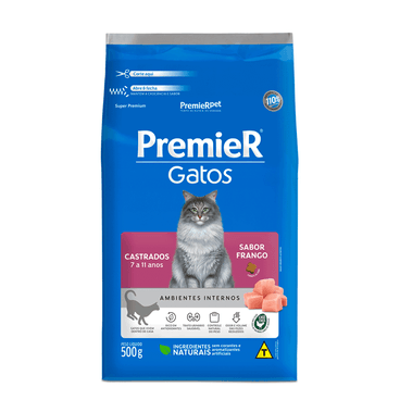 Racao-Premier-Gatos-Castrados-7-a-11-Anos-Ambientes-Internos-Frango-500g-frente