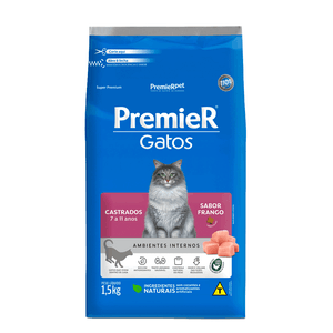 Ração Premier Ambientes Internos Gatos Castrados 7 a 11 Anos Frango