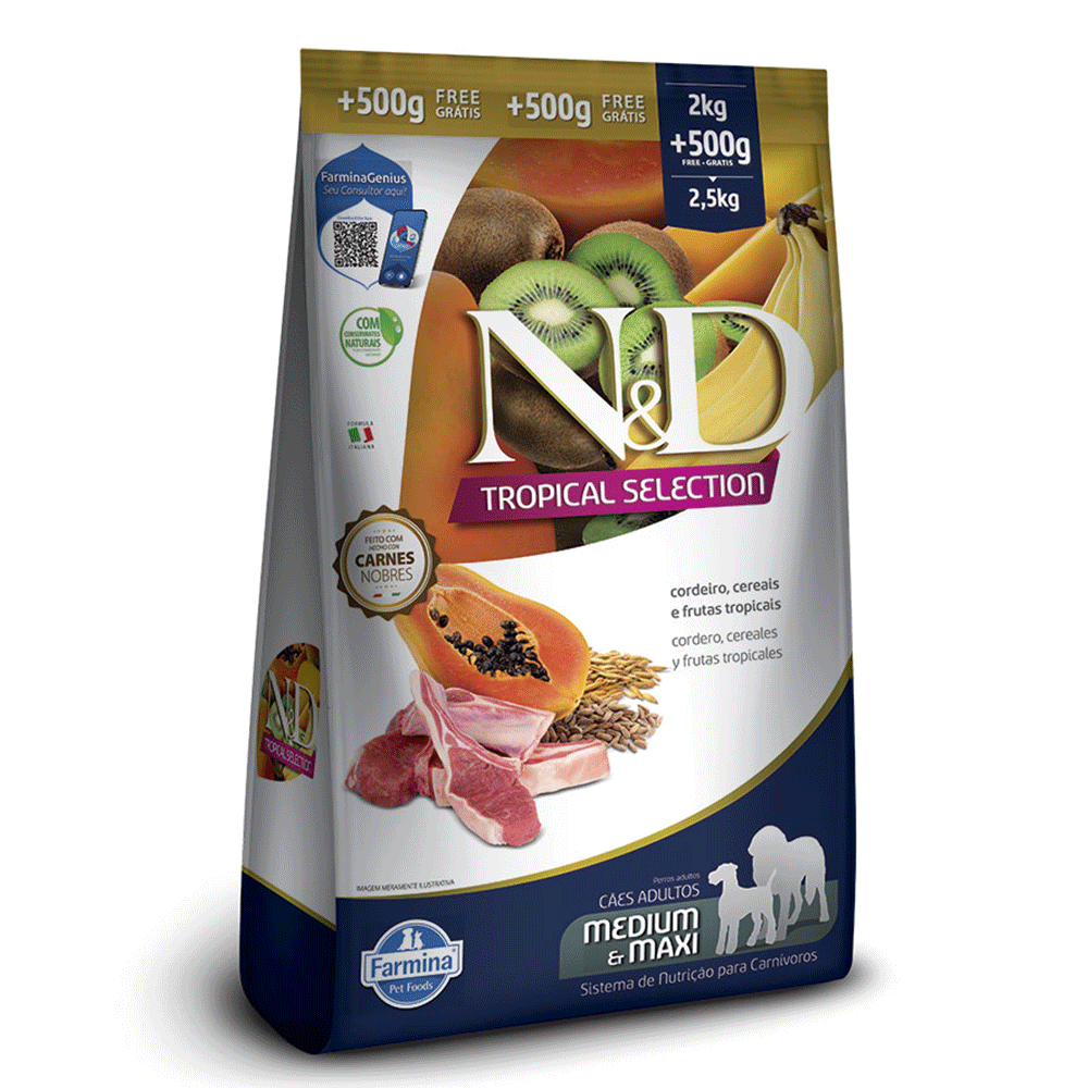 Ração N&D Tropical Selection Cães Adultos Medium e Maxi Cordeiro