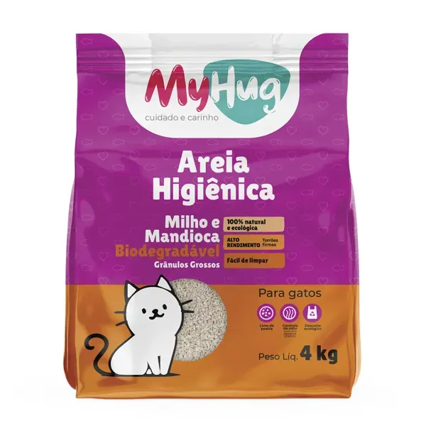 Areia Higiênica MyHug Biodegradável Milho e Mandioca Grânulos Grossos 4 kg