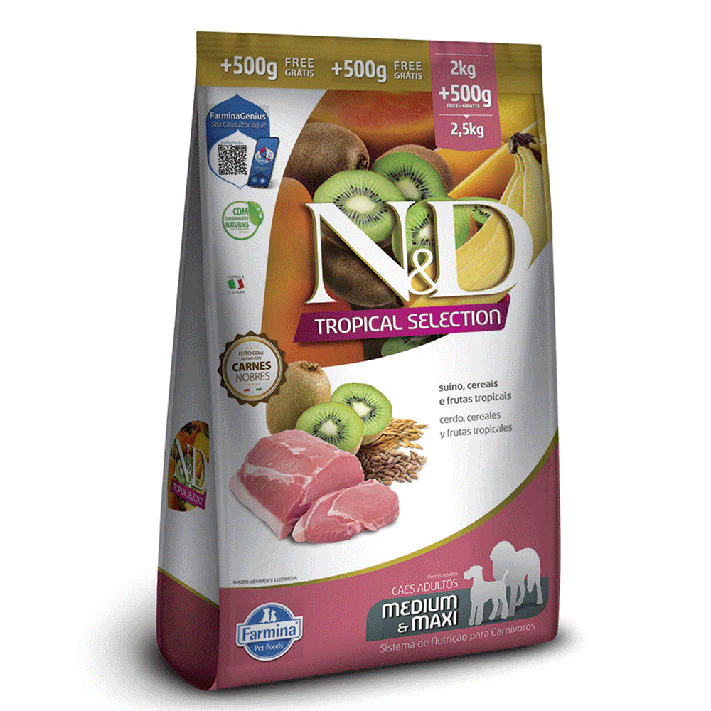 Ração N&D Tropical Selection Cães Adultos Medium e Maxi Suíno