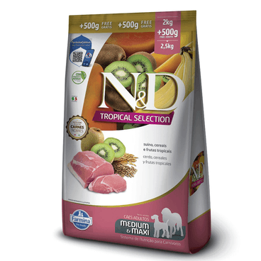 Racao-N-D-Tropical-Selection-Caes-Adultos-Medium-e-Maxi-Suino-2-kg---500g-Gratis-lado