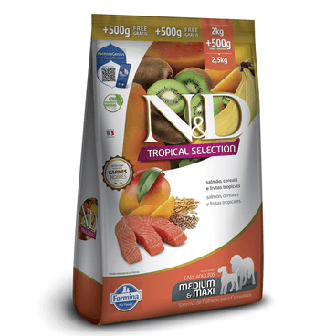 Racao-N-D-Tropical-Selection-Caes-Adultos-Medium-e-Maxi-Salmao-2-kg---500g-Gratis-lado